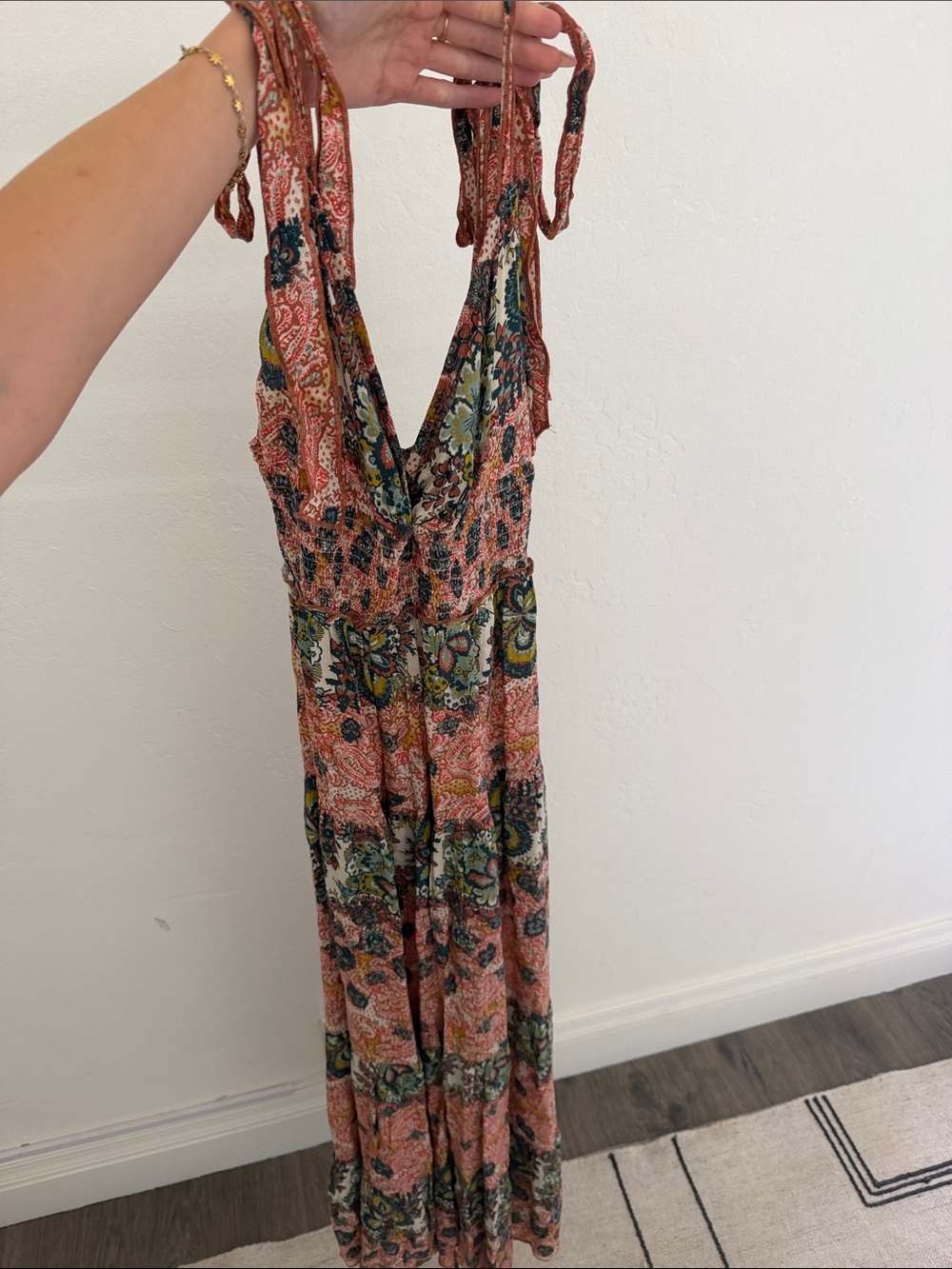 Free People Boho Floral Maxi Dress in Coral and Teal